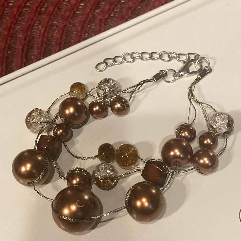 Triple Silver Strand Multi-Coloured Bronze Crystal Bead Bracelet & Earrings